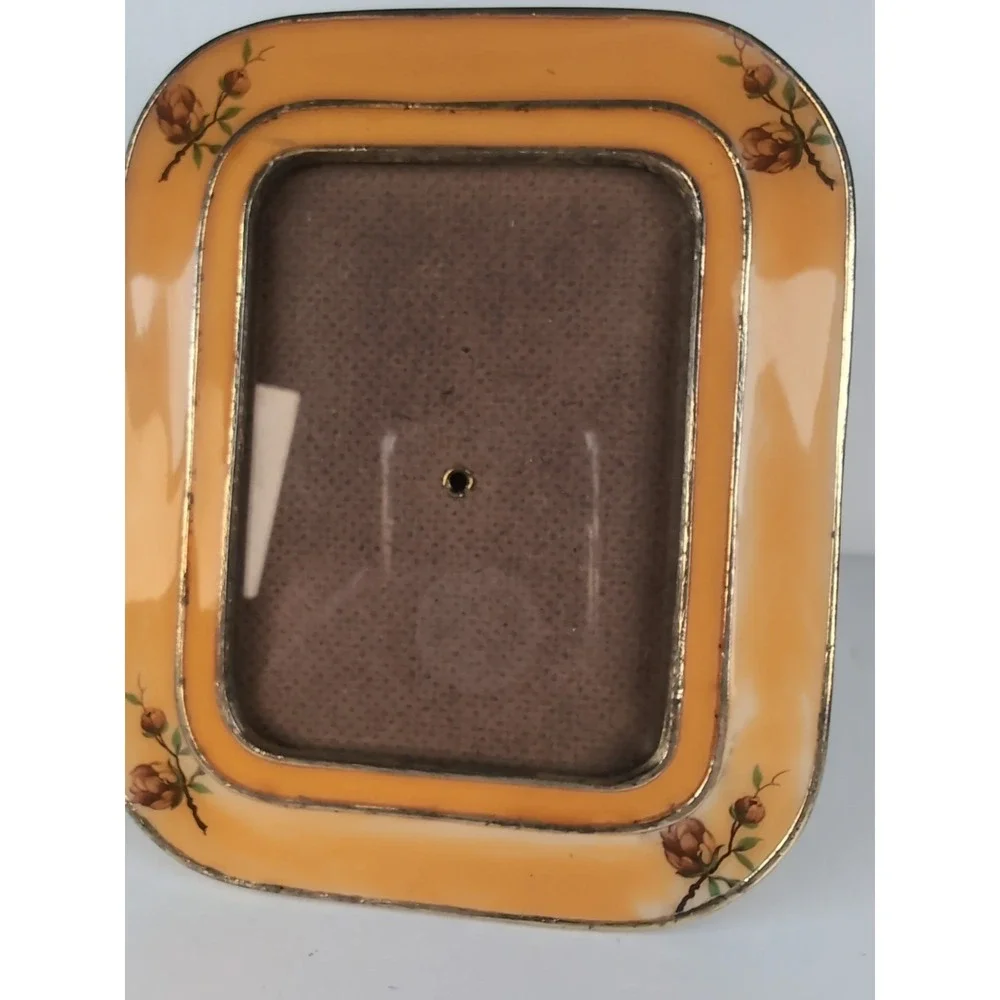 Heavy Enamel Floral Picture Frame 5x6 Vintage Gold tone Metal W/Roses